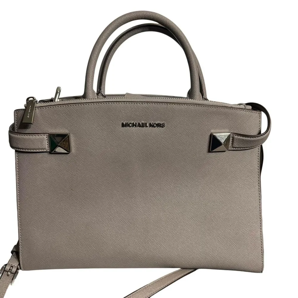 Michael Kors Satchel Bag Women's Large Gray Leather Studded Crossbody Purse